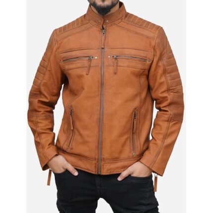Men’s Cafe Racer Motorcycle Jacket – Genuine Leather, Quilted Design & Zipper Pockets
