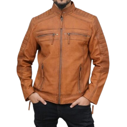 Men’s Cafe Racer Leather Motorcycle Jacket – Quilted Shoulder, Zipper Pockets & Stand-Up Collar, Stylish Riding Gear