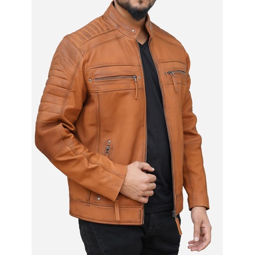 Men’s Cafe Racer Motorcycle Jacket – Genuine Leather, Quilted Design & Zipper Pockets