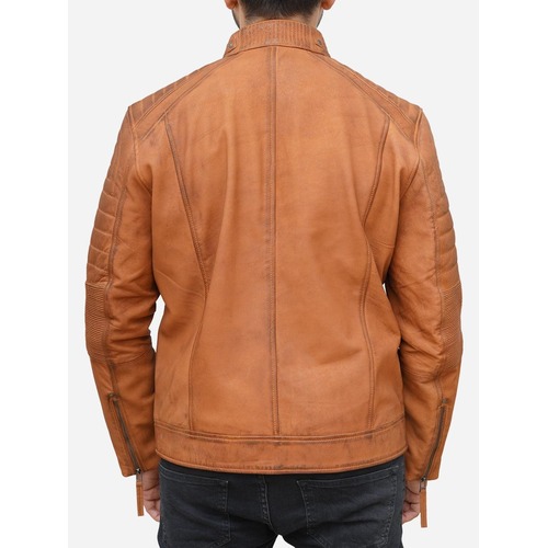 Men’s Cafe Racer Motorcycle Jacket – Genuine Leather, Quilted Design & Zipper Pockets