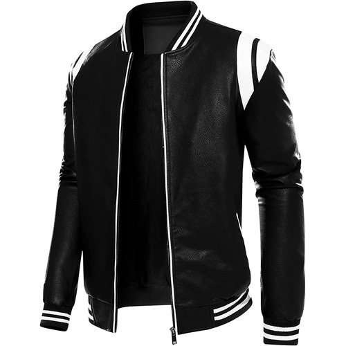 Men’s Black Leather Varsity Bomber Jacket – Cowhide Biker Style with White Panels, Zip Closure & Striped Rib Knit