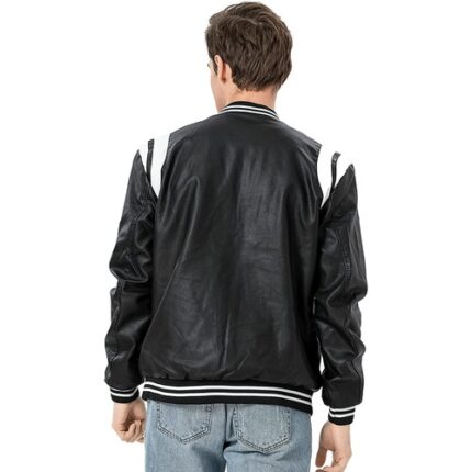 Men’s Black Leather Varsity Bomber Jacket – Cowhide Biker Style with White Panels, Zip Closure & Striped Rib Knit