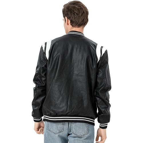 Men’s Black Leather Varsity Bomber Jacket – Cowhide Biker Style with White Panels, Zip Closure & Striped Rib Knit
