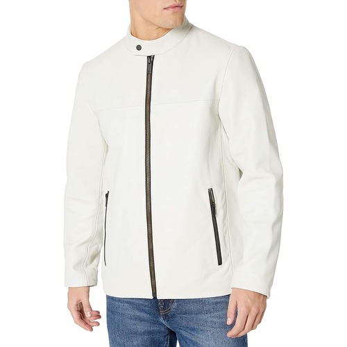 Men’s Modern Leather Racer Jacket Genuine Leather Stand Collar Zip Jacket
