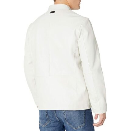 Men’s Modern Leather Racer Jacket Genuine Leather Stand Collar Zip Jacket