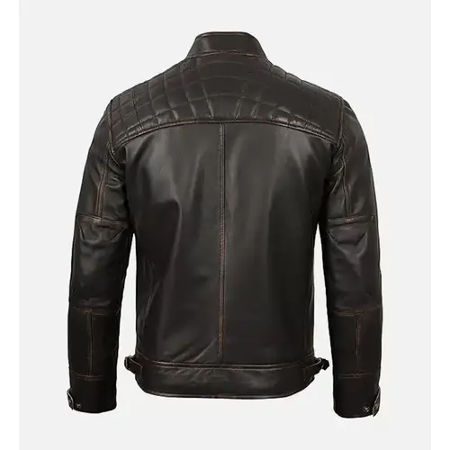 Men’s Cafe Racer Motorcycle Jacket – Genuine Leather, Quilted Design & Zipper Pockets