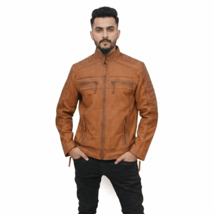 Men’s Cafe Racer Leather Motorcycle Jacket – Quilted Shoulder, Zipper Pockets & Stand-Up Collar, Stylish Riding Gear