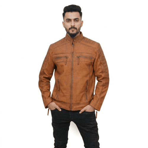 Men’s Cafe Racer Leather Motorcycle Jacket – Quilted Shoulder, Zipper Pockets & Stand-Up Collar, Stylish Riding Gear