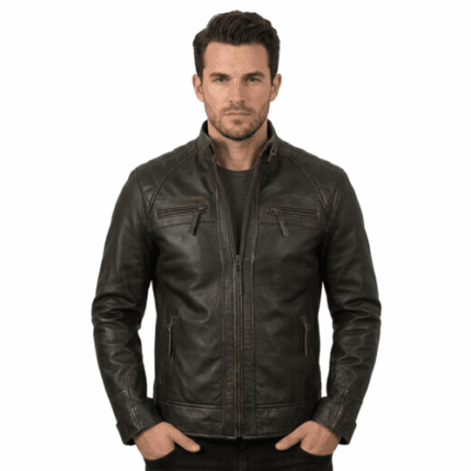 Men’s Cafe Racer Leather Motorcycle Jacket – Quilted Shoulder, Zipper Pockets & Stand-Up Collar, Stylish Riding Gear