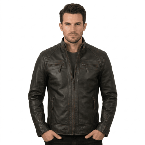 Men’s Cafe Racer Leather Motorcycle Jacket – Quilted Shoulder, Zipper Pockets & Stand-Up Collar, Stylish Riding Gear