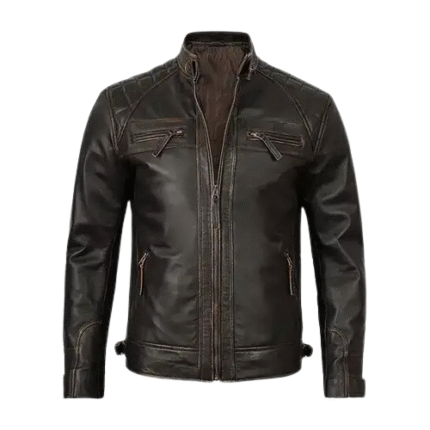 Men’s Cafe Racer Leather Motorcycle Jacket – Quilted Shoulder, Zipper Pockets & Stand-Up Collar, Stylish Riding Gear
