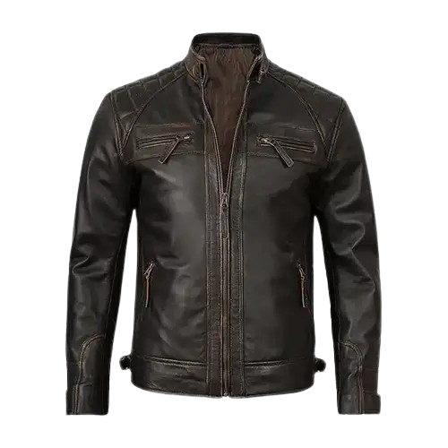 Men’s Cafe Racer Leather Motorcycle Jacket – Quilted Shoulder, Zipper Pockets & Stand-Up Collar, Stylish Riding Gear