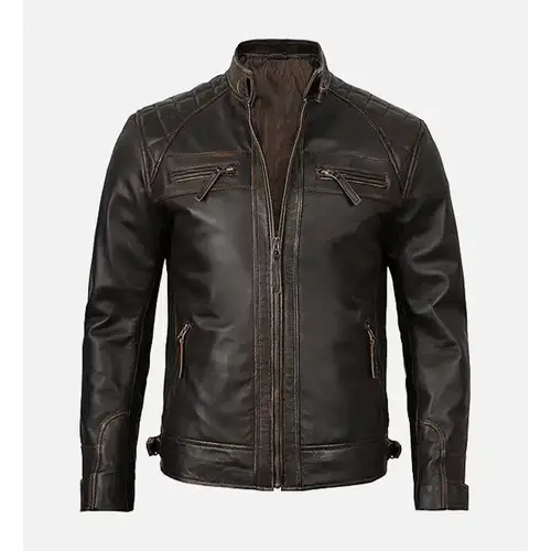 Men’s Cafe Racer Motorcycle Jacket – Genuine Leather, Quilted Design & Zipper Pockets