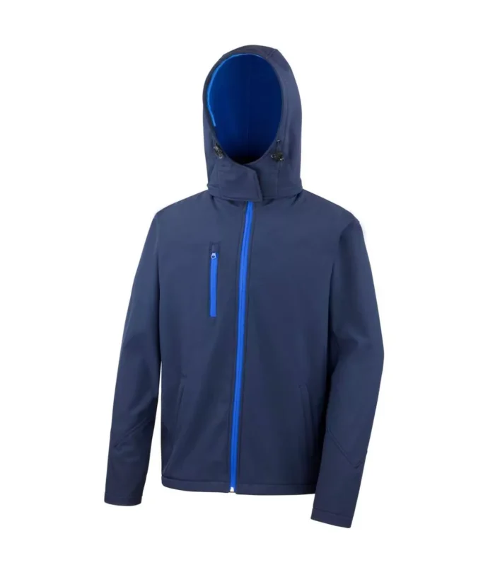 Men's Navy Blue Hooded Softshell Jacket with Contrasting Zippers - Water-Resistant, Windproof