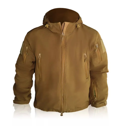 Men's Tactical Softshell Hooded Jacket - Windproof & Water-Resistant Outdoor Military Jacket in Coyote Brown