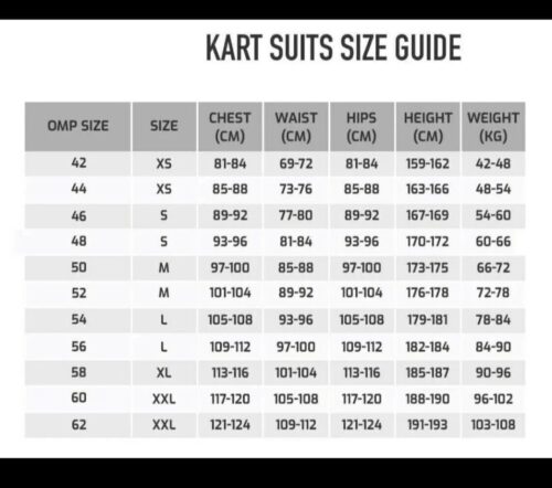 Kart suit size chart