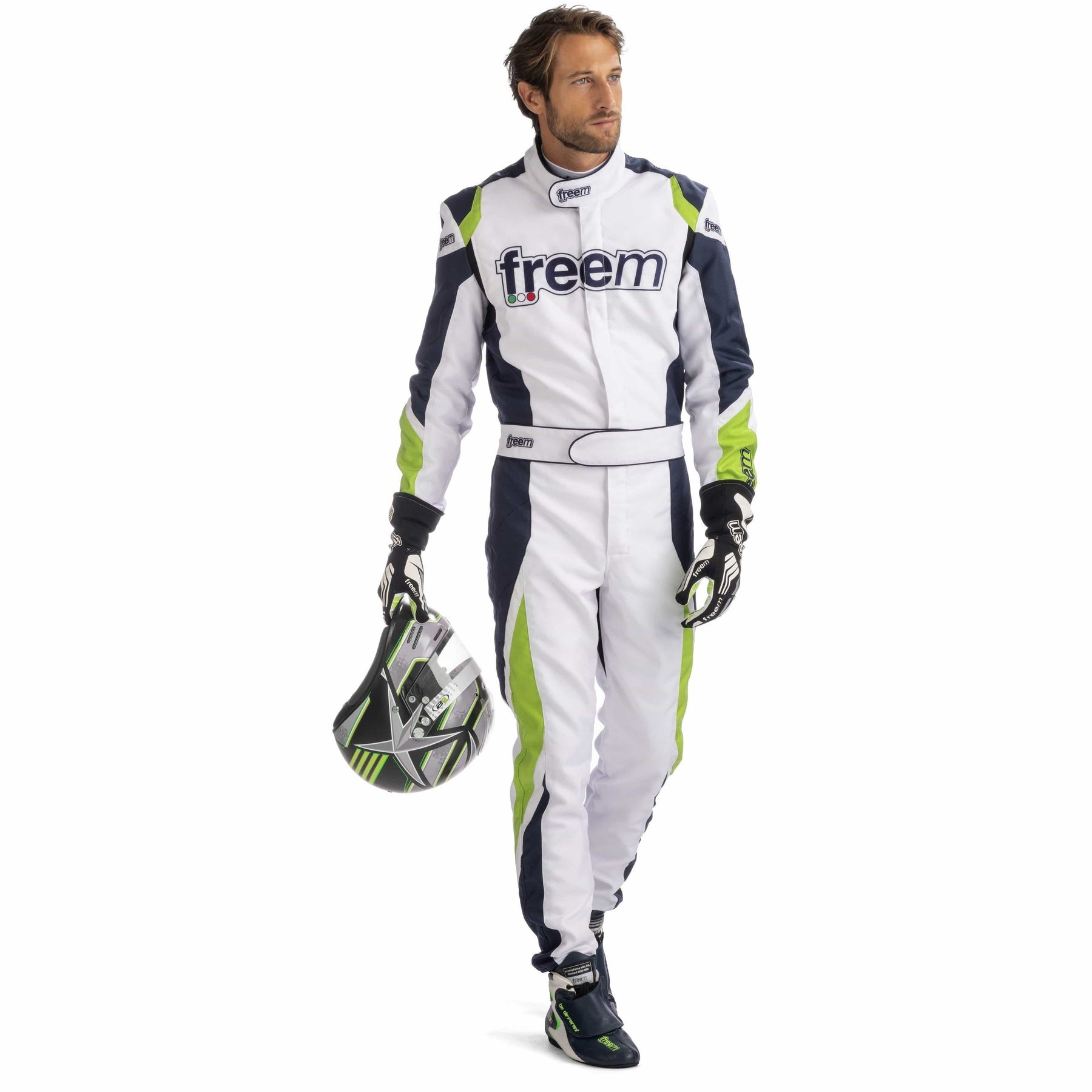 Custom K19 Kart Racing Suit Digital Printed, Made-to-Measure, Level 2 Karting - White, Navy, and Lime Green Custom K19 Kart Racing Suit - White, Navy, and Lime Green