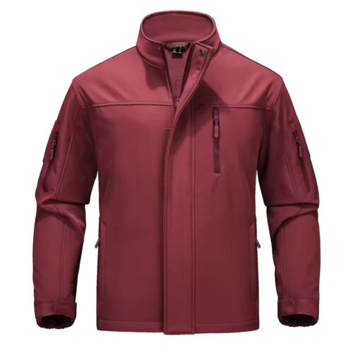 Men's Waterproof Softshell Tactical Jacket - Windproof Military Fleece Jacket with Multiple Pockets in Burgundy