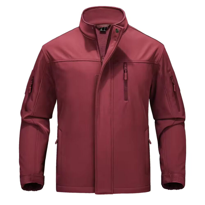 Men's Waterproof Softshell Tactical Jacket - Windproof Military Fleece Jacket with Multiple Pockets in Burgundy