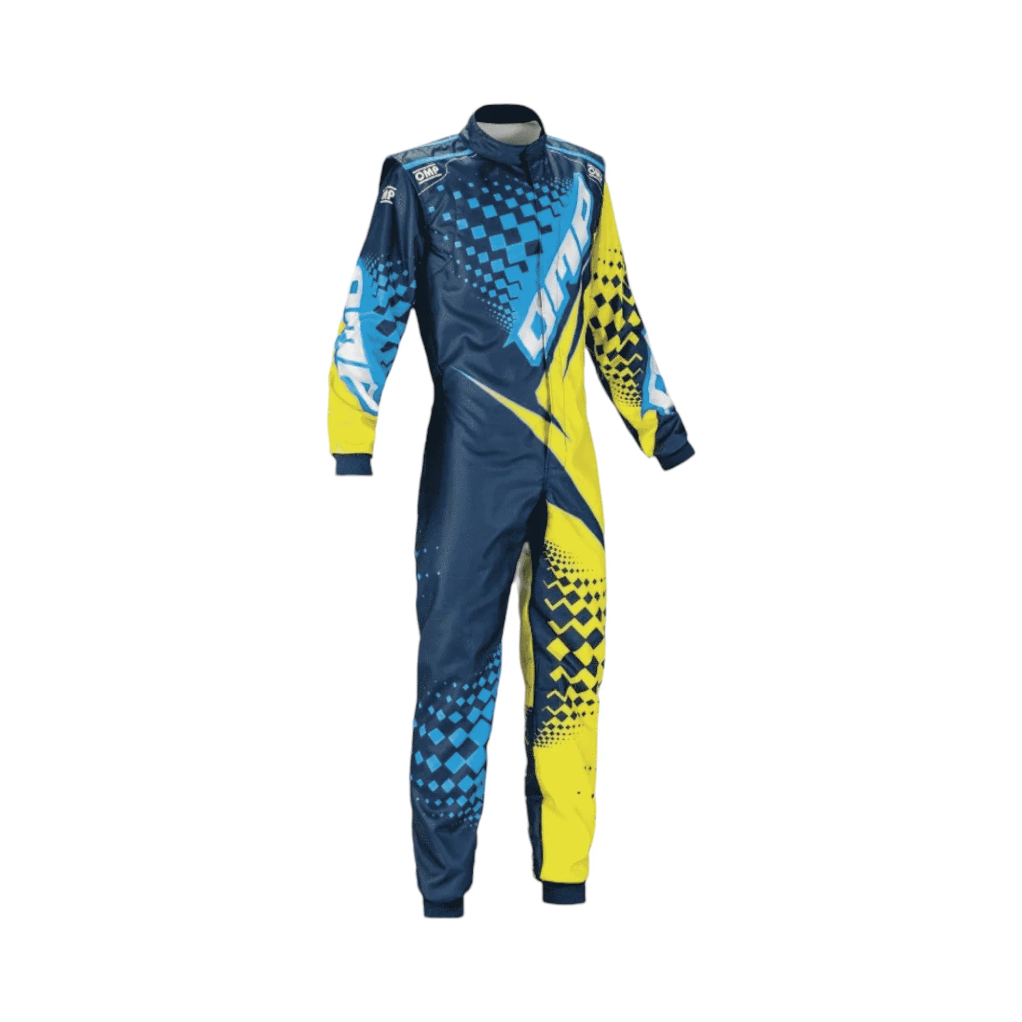 OMP Go Kart Race Suit Yellow and Blue Digital Printed Made to Measure Level 2 Karting