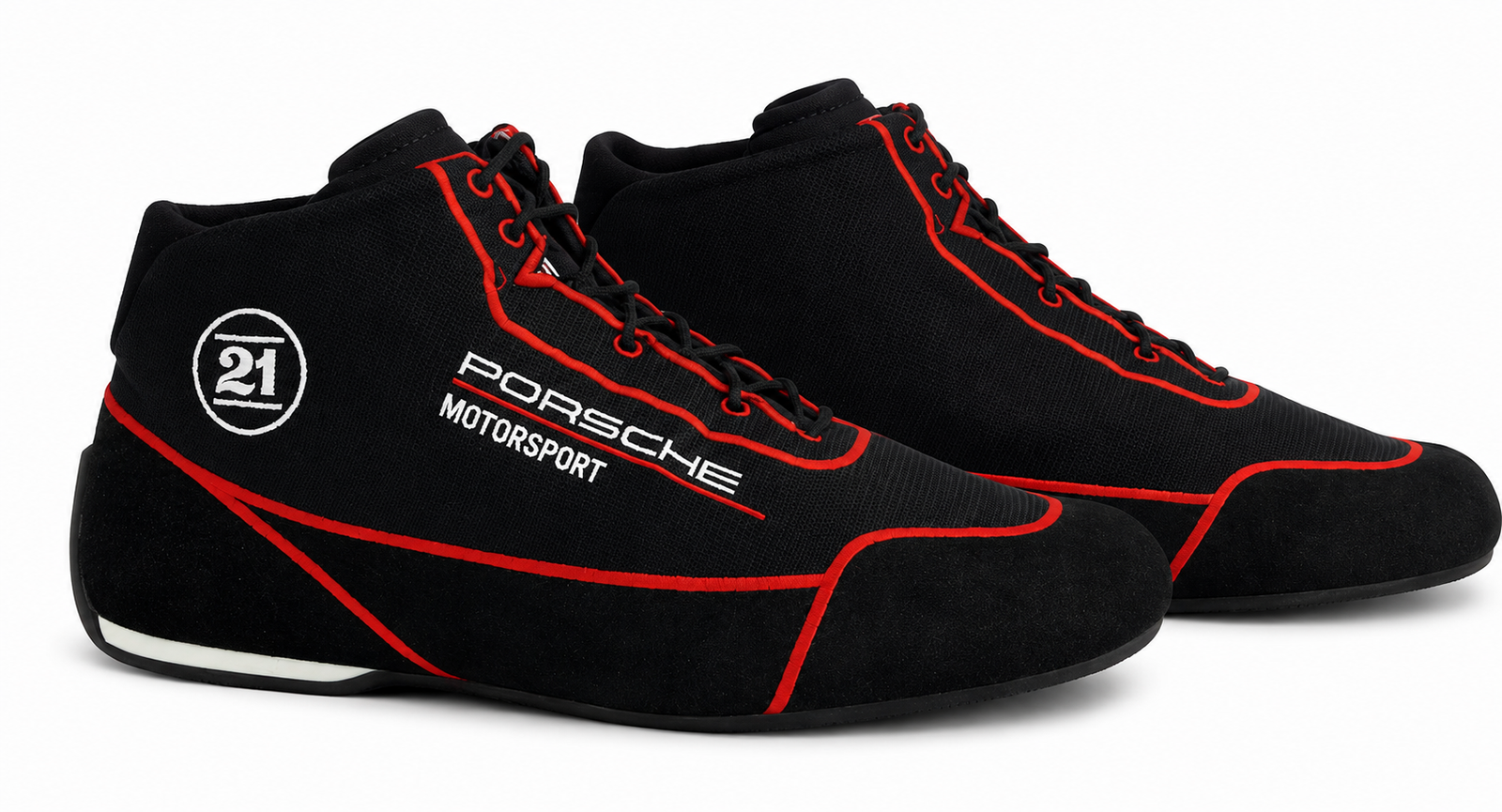 Black Porsche Motorsport racing shoes with red piping trim and Stand 21 logo accents, showcasing professional low-top driving sneakers designed for track day performance and optimal pedal grip. Black Porsche Motorsport racing shoes with red piping trim and Stand 21 logo accents, showcasing professional low-top driving sneakers designed for track day performance and optimal pedal grip.