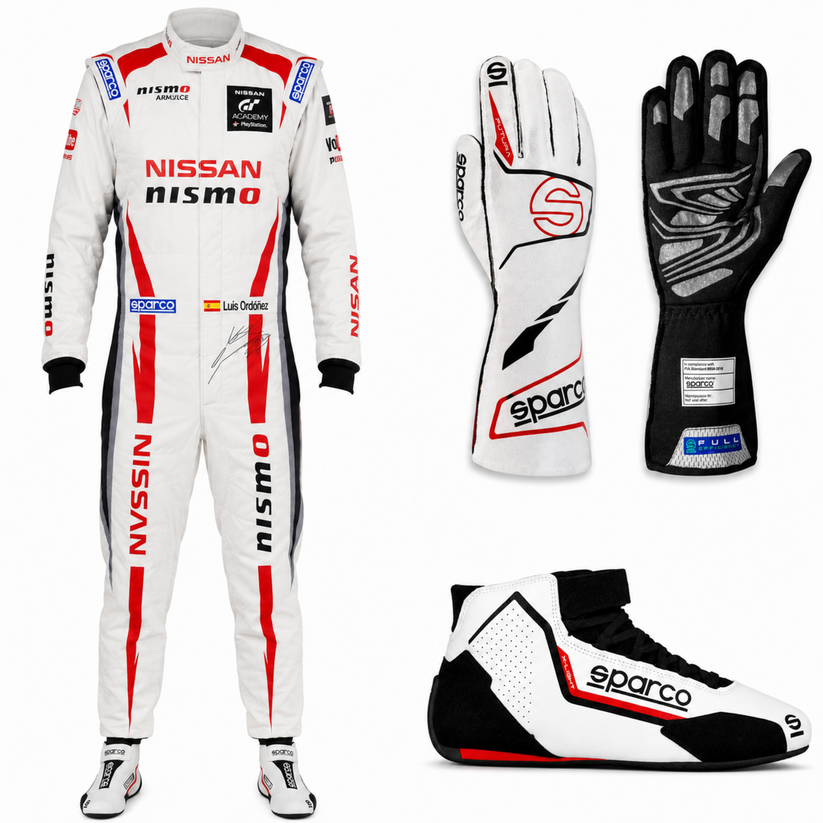 Official white and red Nissan Nismo racing suit complete kit featuring a custom Sparco fire-retardant race suit, matching Sparco driving gloves, and high-performance mid-top racing shoes for track days.