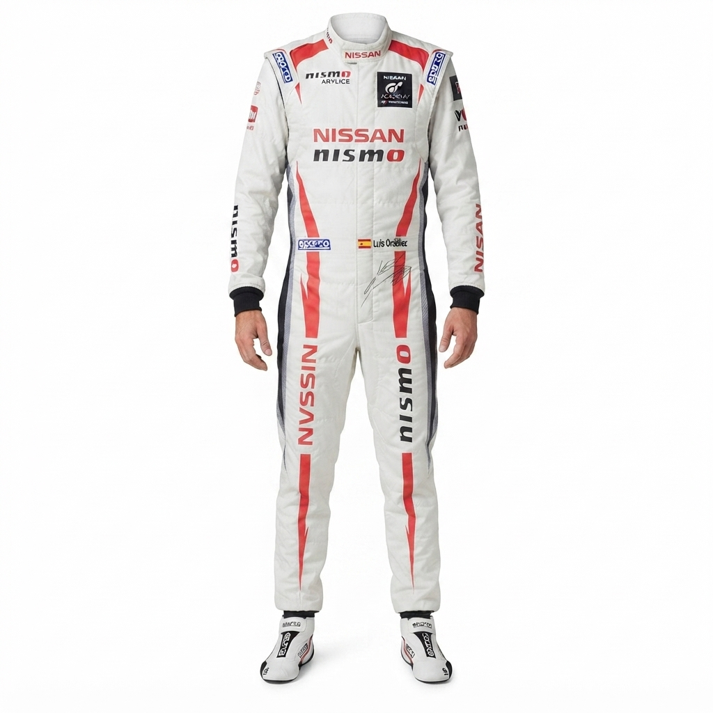 White and red custom Sparco Nissan Nismo professional racing suit with official sponsor logos and driver name placement, designed for motorsport safety and mobility.