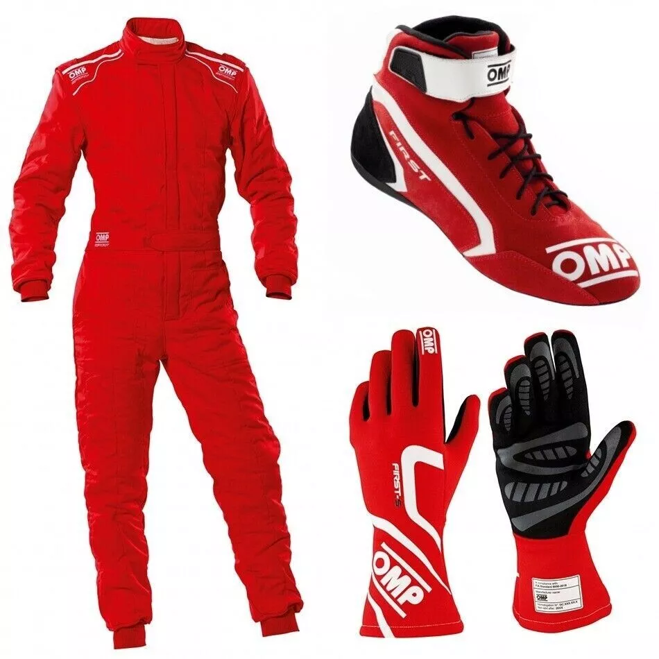 OMP Go Kart Racing Complete Kit Red Suit, Shoes, And Gloves Digital Printed With Customize Sizing