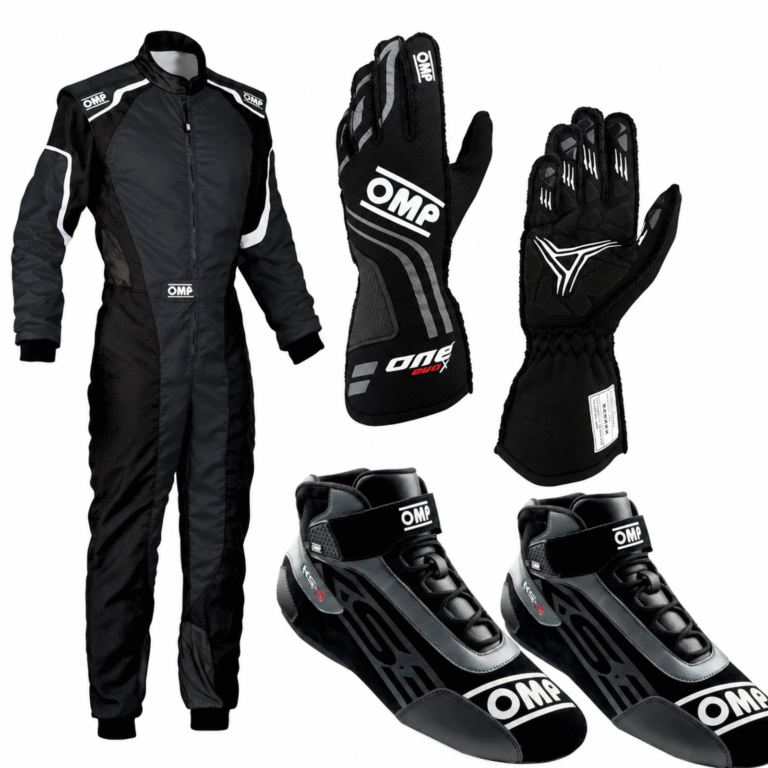 Black and grey OMP kart racing suit complete kit featuring a professional karting one-piece suit, matching high-grip OMP racing gloves, and mid-top KS-3 karting shoes for track days.