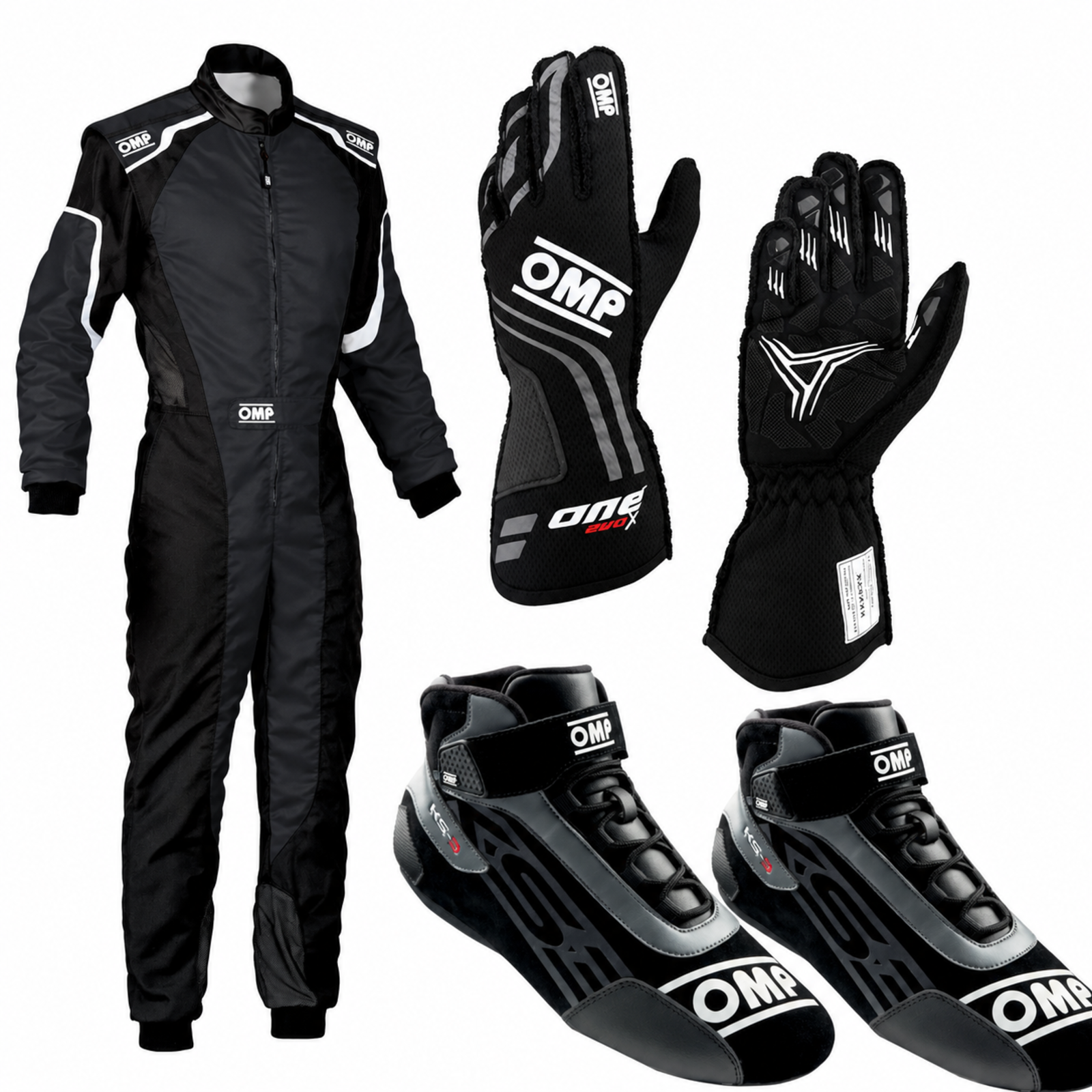 Black and grey OMP kart racing suit complete kit featuring a professional karting one-piece suit, matching high-grip OMP racing gloves, and mid-top KS-3 karting shoes for track days.
