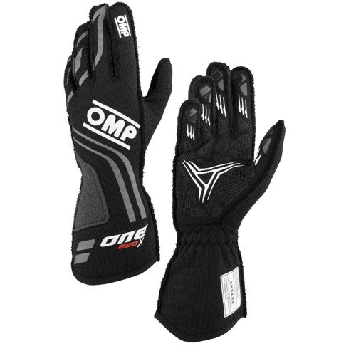 OMP One EVO X racing gloves in black and grey, showing front and back views with high-grip palm textures and secure wrist cuffs.