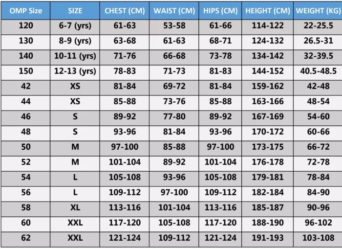 Go Kart Racing Suit Digital Printed Size Chart