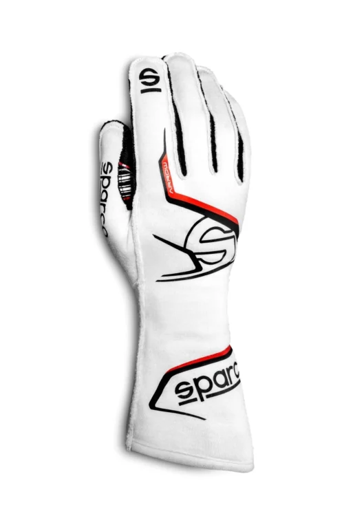 Front and back view of professional white Sparco Arrow Gloves from Kartwears, displaying black accent lines, a long protective cuff, and high-grip textured black palm details.