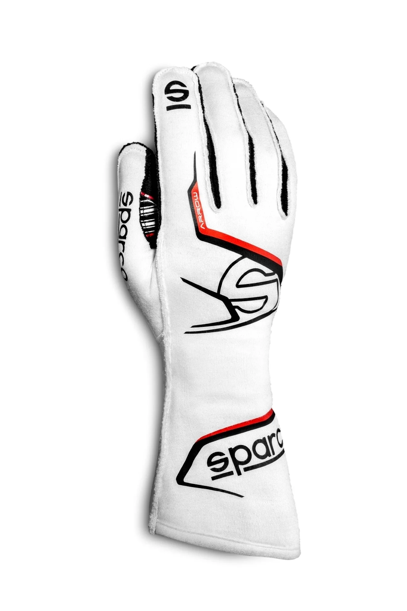 Front and back view of professional white Sparco Arrow Gloves from Kartwears, displaying black accent lines, a long protective cuff, and high-grip textured black palm details.