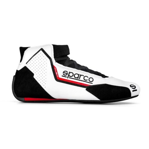 Side view of a white mid-top Sparco Formula Shoe from Kartwears, featuring black side paneling, breathable perforated vents, and red structural accent strips.