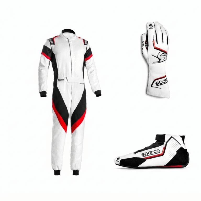 Sparco Racing Kit: White Victory Suit, Arrow Gloves & Formula Performance Shoes | Kartwears
