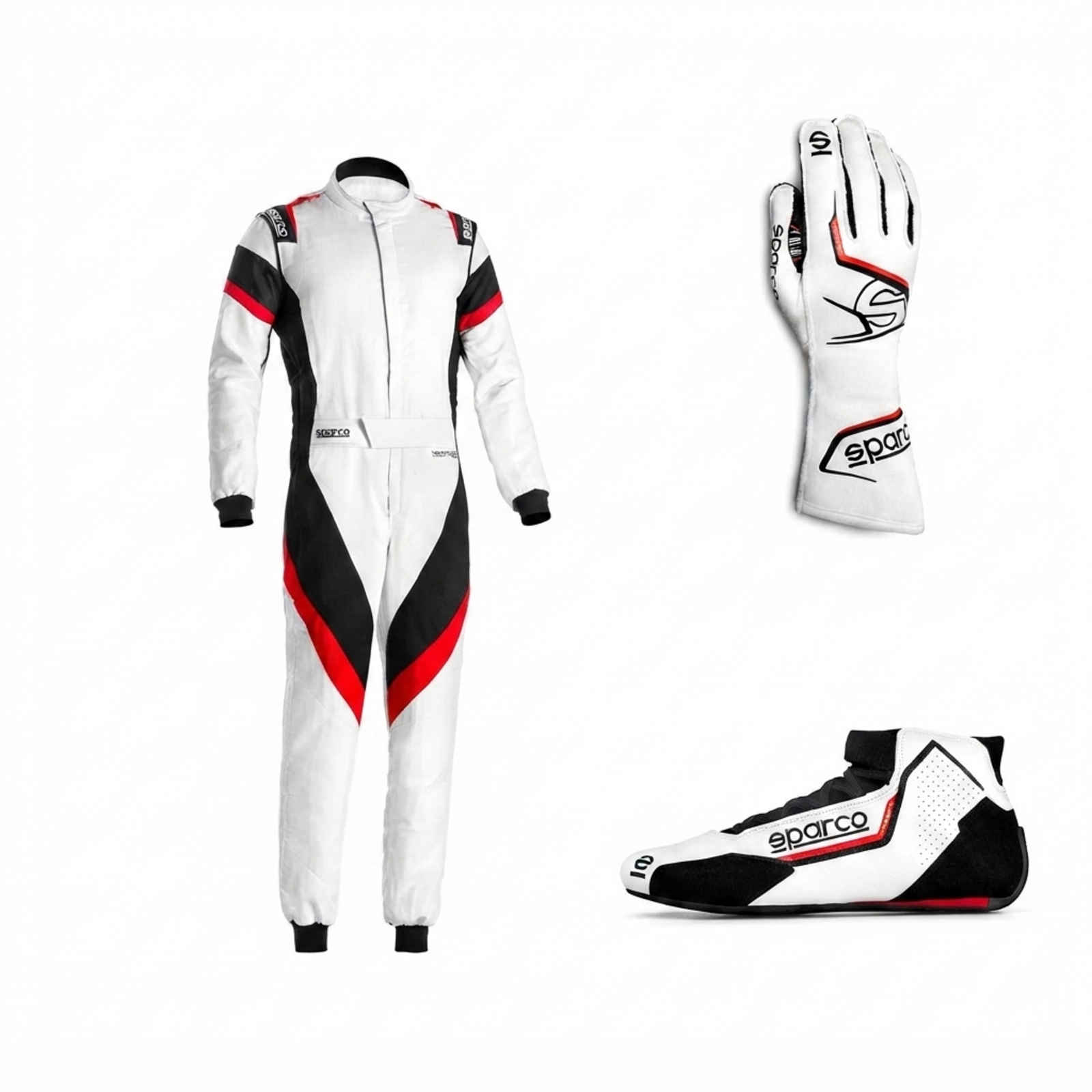 Sparco Racing Kit: White Victory Suit, Arrow Gloves & Formula Performance Shoes | Kartwears