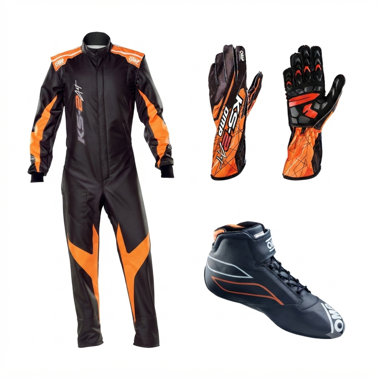 OMP KS-2 Art Karting Suit Kit Level 2 Orange Black Race Overalls Sublimated KS-2 Art Gloves & Track Shoes 3-Piece Set OMP KS-2 Art Karting Suit Kit Level 2 Orange Black Race Overalls Sublimated KS-2 Art Gloves & Track Shoes 3-Piece Set