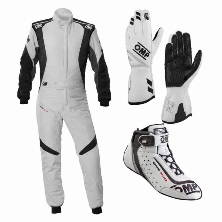 OMP Racing Kit: White & Black First Evo Suit, One Evo X Gloves & One Evo Performance Shoes | Kartwears