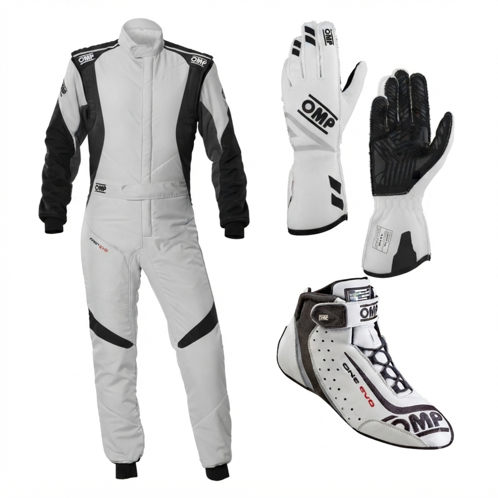 OMP Racing Kit: White & Black First Evo Suit, One Evo X Gloves & One Evo Performance Shoes | Kartwears