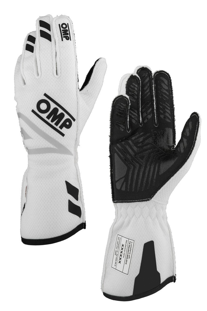 Front and back view of professional white OMP One Evo X Gloves from Kartwears, showing prominent black branding, elasticated wrist support, and a high-grip black textured silicon print on the inner palm.
