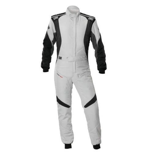 Front view of a white and silver OMP First Evo Suit from Kartwears, featuring black sleeves, black shoulder pads, and subtle red branding text embroidered on the right thigh.