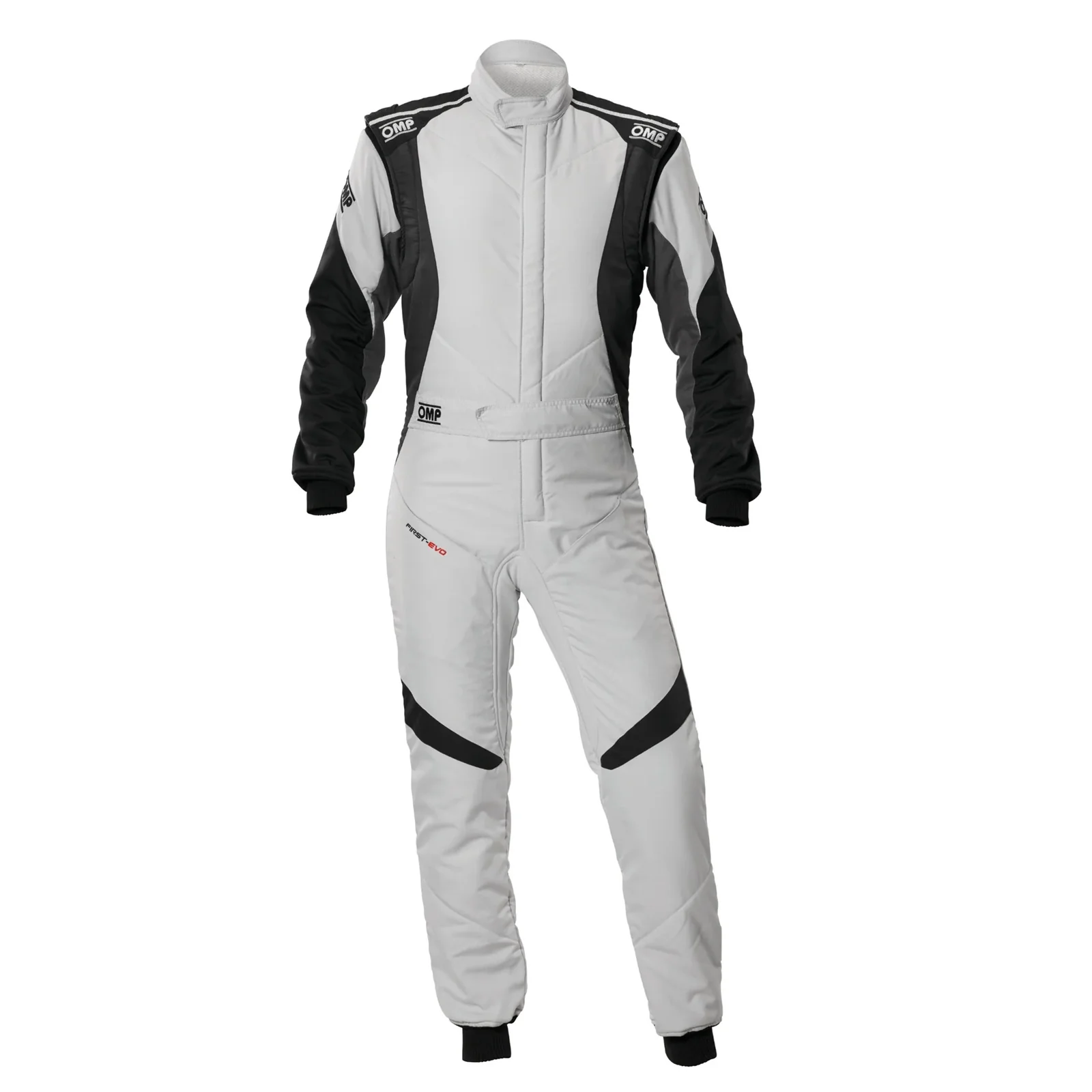 Front view of a white and silver OMP First Evo Suit from Kartwears, featuring black sleeves, black shoulder pads, and subtle red branding text embroidered on the right thigh.