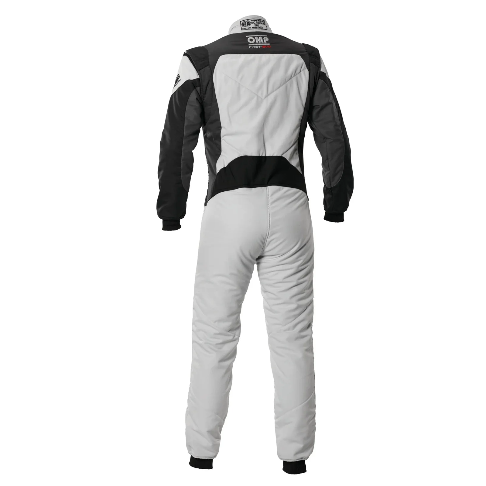 Front view of a white and silver OMP First Evo Suit with black sleeves, black shoulder pads, and subtle red "First Evo" branding text embroidered on the right thigh.
