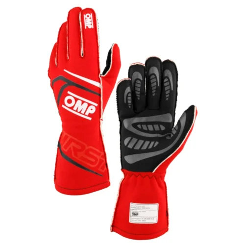 omp first s red black white racing gloves motorsport glove pair textured internal palm grip protective wear track day gauntlet gloves