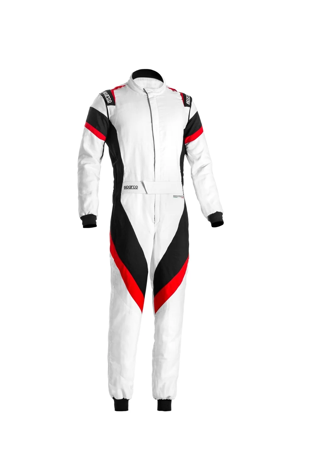 Front view of a white Sparco Victory Suit from Kartwears, featuring black side panels and sharp V-shaped red graphic stripes flowing down the legs.