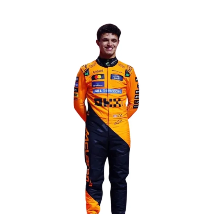One-piece digital printed go-kart racing suit with vibrant colors and aerodynamic design.