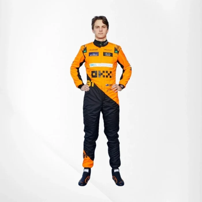 One-piece digital printed go-kart racing suit with vibrant colors and aerodynamic design.