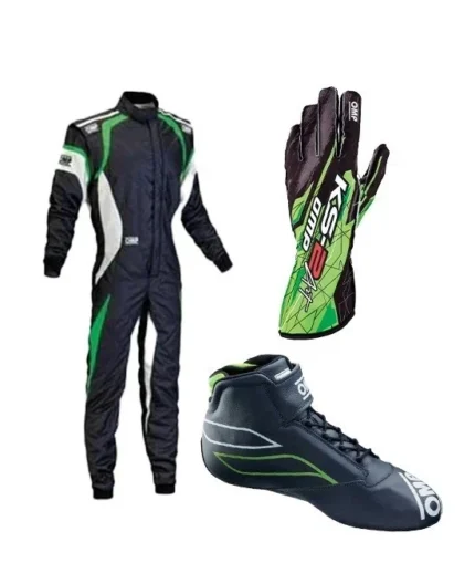 Complete go-kart racing suit kit with digital printed Level 2 suit, gloves, and kart shoes.