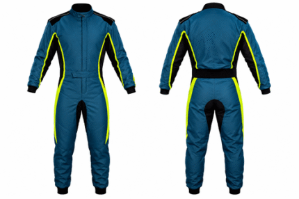 Digital printed one-piece go-kart racing suit featuring vibrant custom graphics and ergonomic design for professional karting.